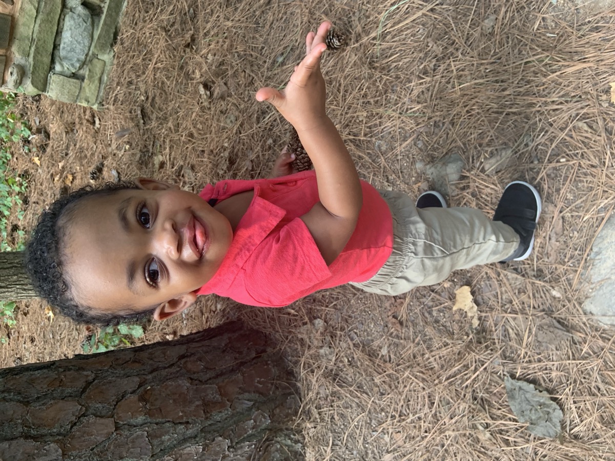 Toddler Yonas standing outdoors by a pine tree in a red polo and khaki pants, smiling and holding out a small pinecone